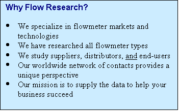 Text Box: Why Flow Research?

	We specialize in flowmeter markets and technologies
	We have researched all flowmeter types
	We study suppliers, distributors, and end-users
	Our worldwide network of contacts provides a unique perspective
	Our mission is to supply the data to help your business succeed


