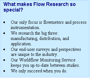 Text Box: What makes Flow Research so special?

	Our only focus is flowmeters and process instrumentation.
	We research the big three: manufacturing, distribution, and application.
	Our end-user surveys and perspectives are unique to the industry.
	Our Worldflow Monitoring Service keeps you up-to-date between studies.
	We only succeed when you do.

